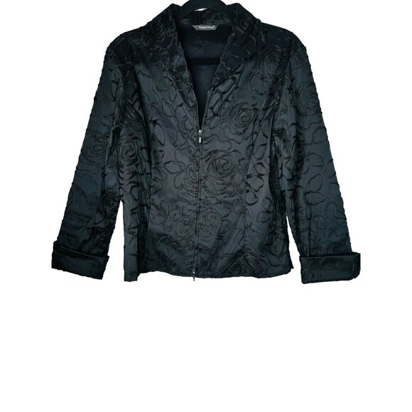 Samuel Dong M Black Floral Textured Embroidered Jacket Adjustable Cuffs - Picture 1 of 11